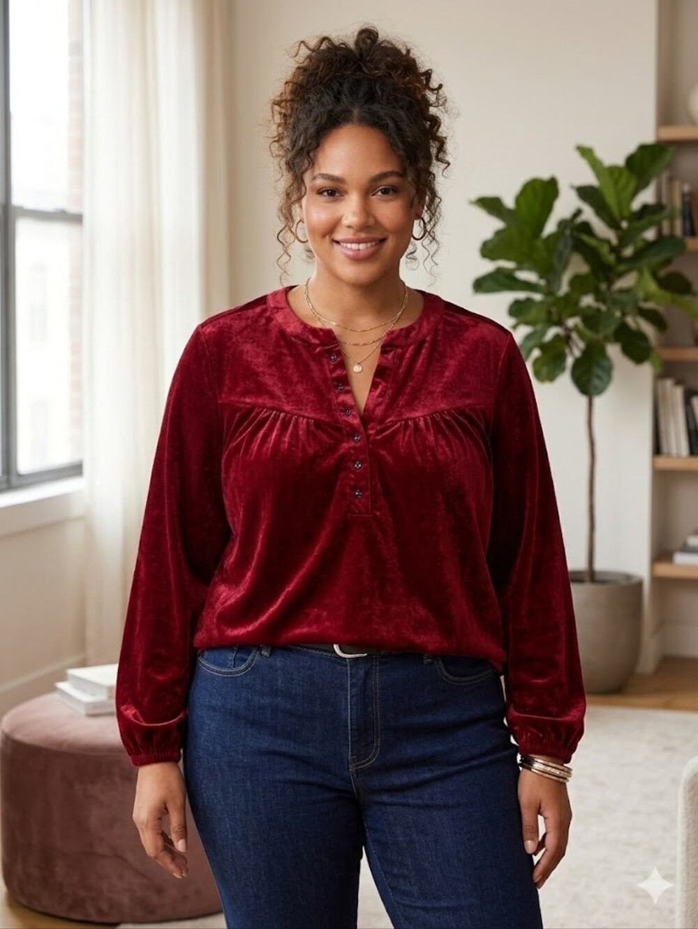 Luxe Rich Red Velvet Button-Down Plus Sized Boho Romantic Luxury